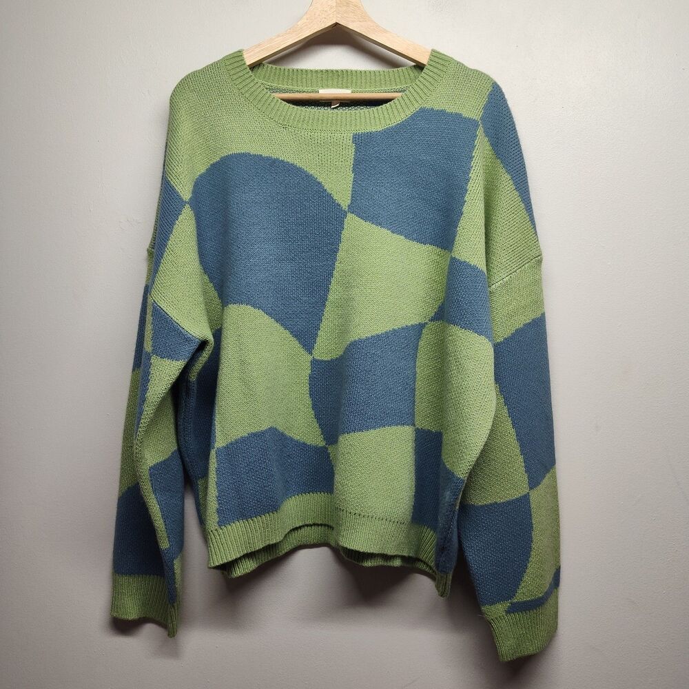 Roolee Knit Sweater Women L Green Blue Plaid Maximalist Colorful Art To Wear